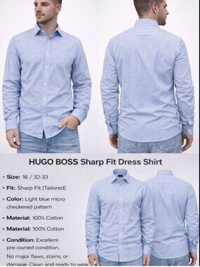 Hugo Boss Sharp Fit Light Blue Micro-Checkered Mens Dress Shirt 16/32-33 100% Co